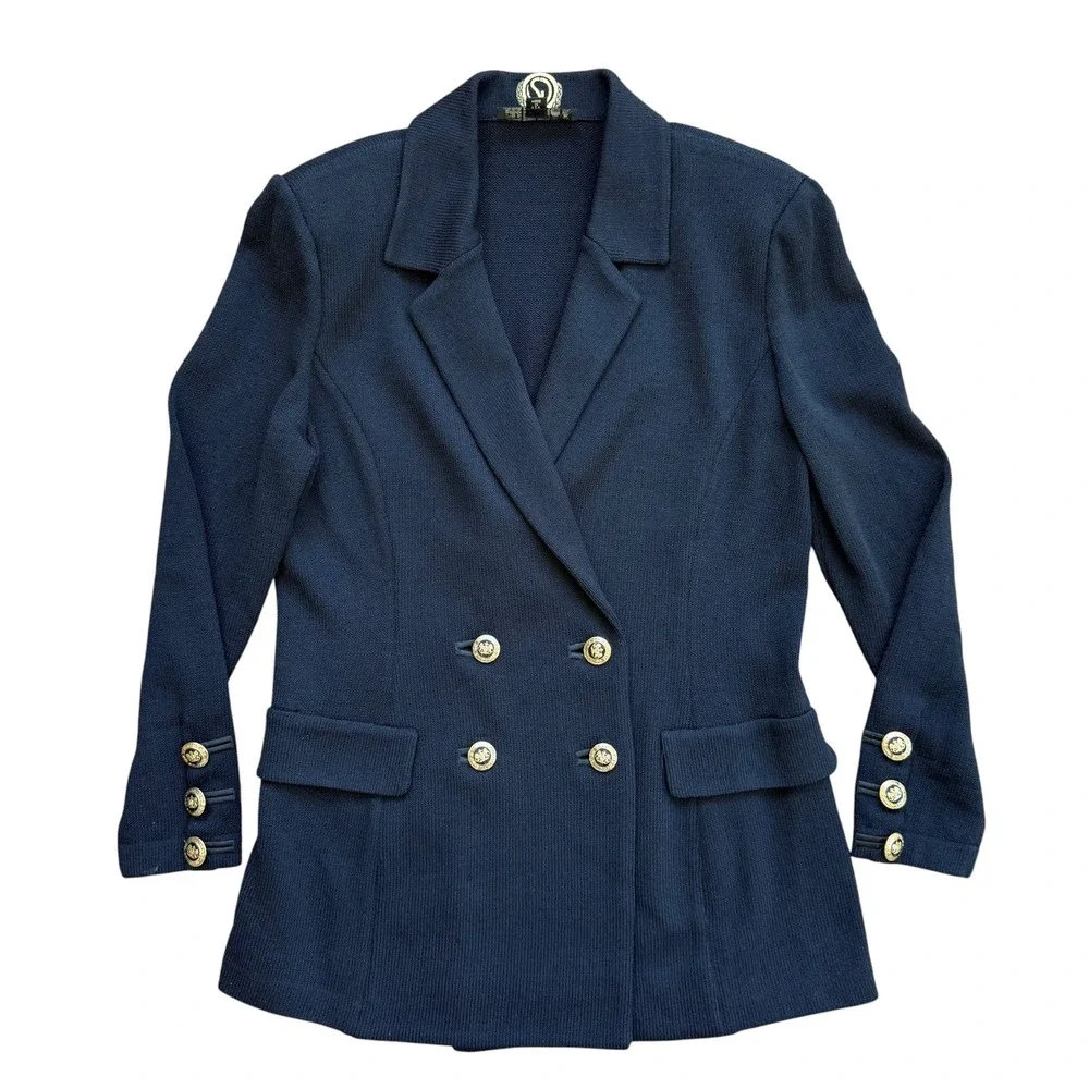 St. John Basics Black Santana Knit Double Breasted Gold Crest Button Blazer 6
